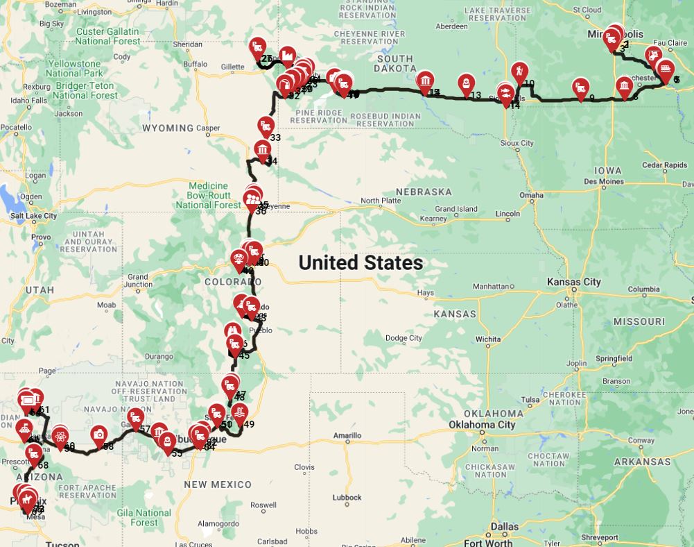 Motorhome route planner for an RV trip from Minneapolis to Phoenix